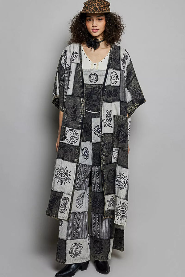 POL Open Front Printed Patchwork Longline Cardigan