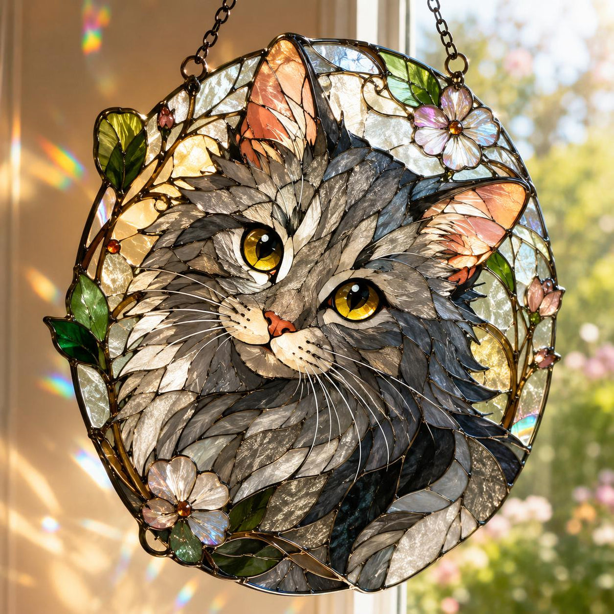 Cat Suncatcher Stained Glass - Gray Cat Window Hanging
