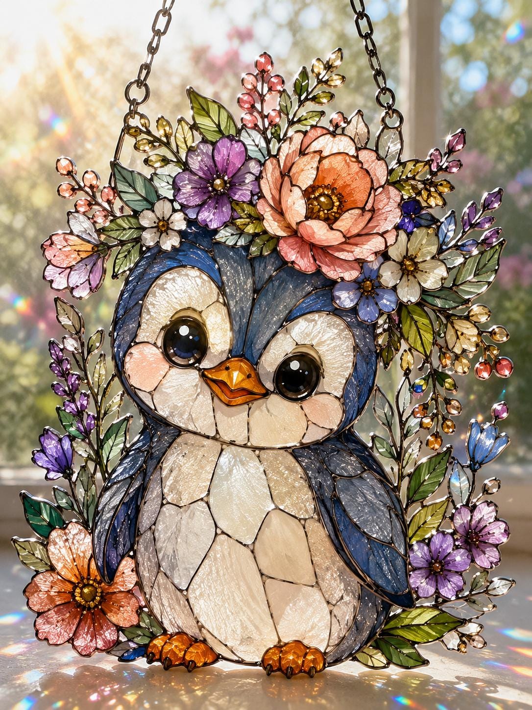 Floral Penguin Suncatcher - Acrylic Penguin Window Hanging