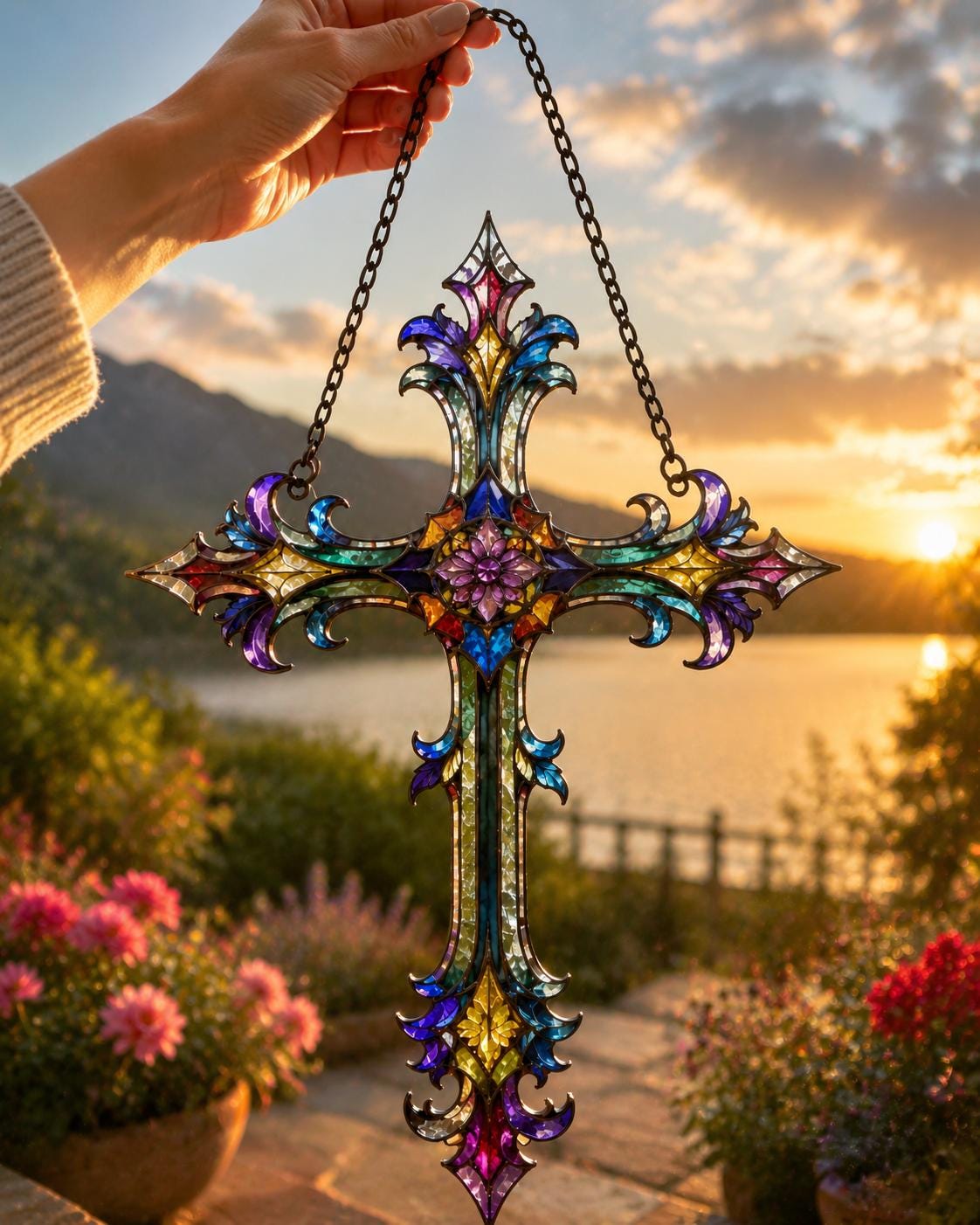 Floral Cross Suncatcher - Acrylic Stained Glass Window Hanging - image 2