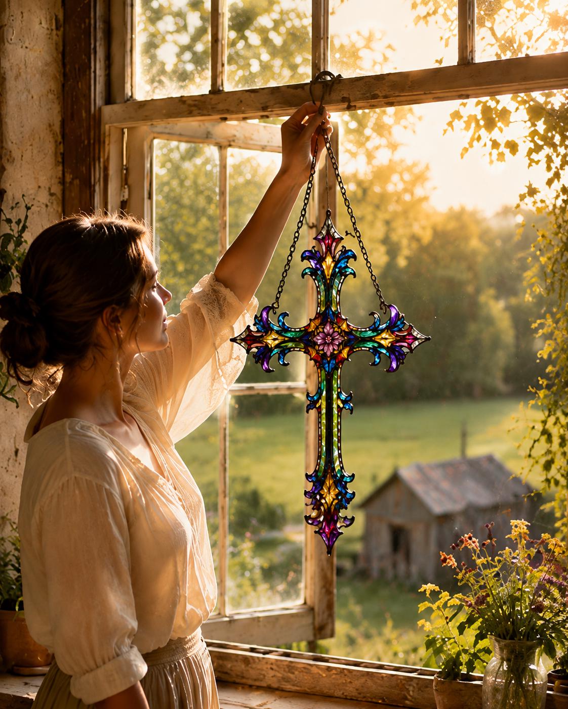 Floral Cross Suncatcher - Acrylic Stained Glass Window Hanging - image 3