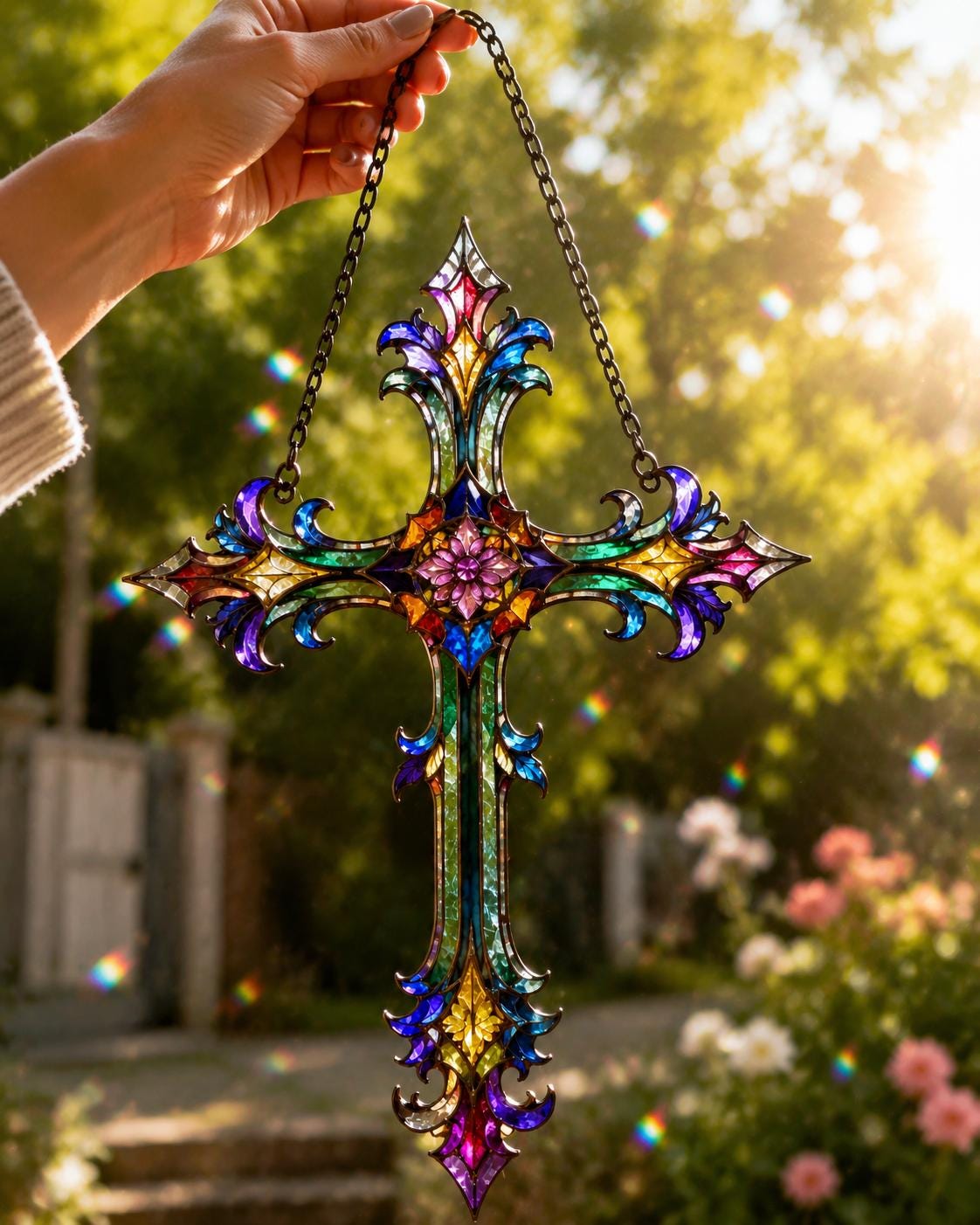 Floral Cross Suncatcher - Acrylic Stained Glass Window Hanging - image 4