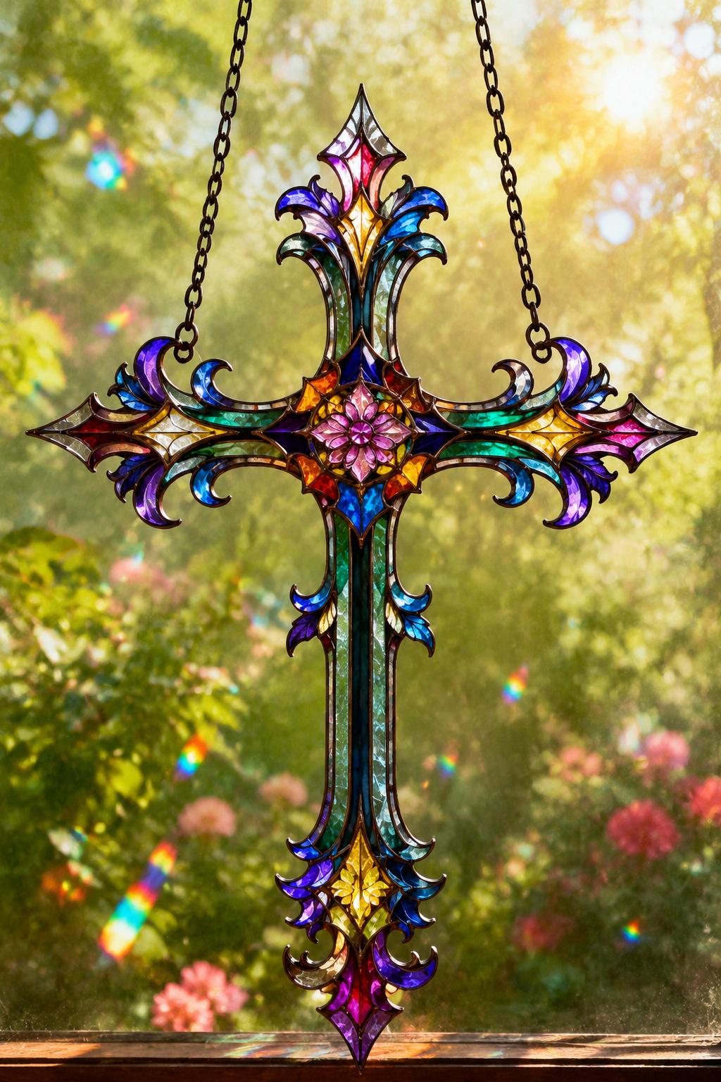 Floral Cross Suncatcher - Acrylic Stained Glass Window Hanging - image 5