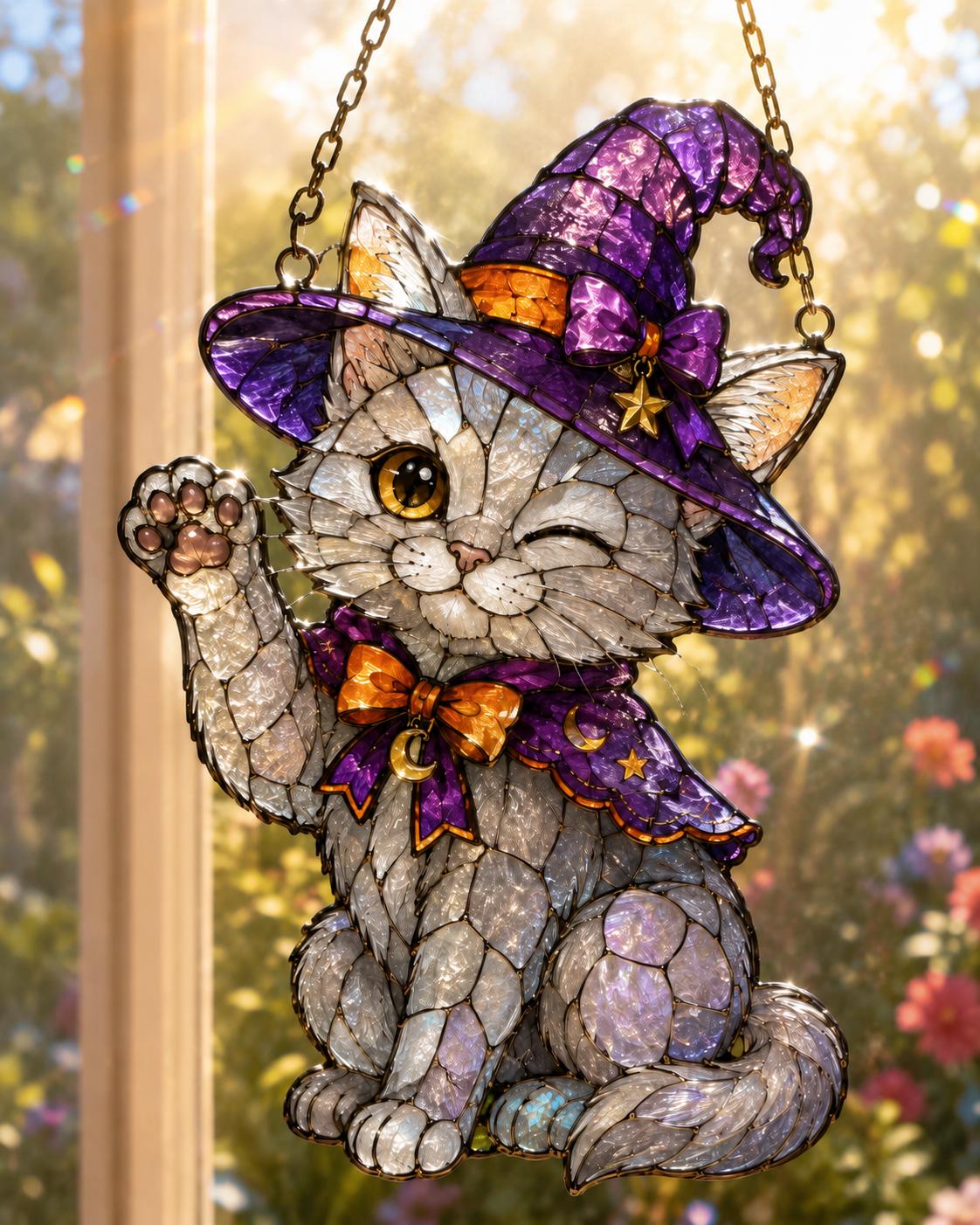 Witchy Kitten Suncatcher - Acrylic Cat Window Hanging