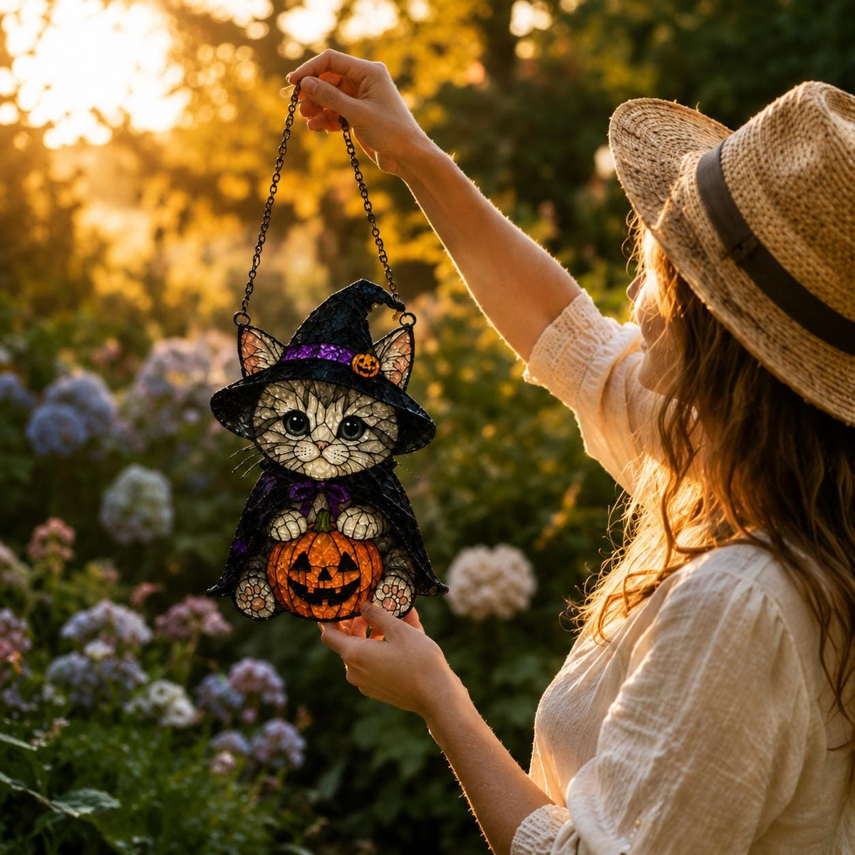 Witch Cat Suncatcher - Halloween Acrylic Window Hanging - image 2