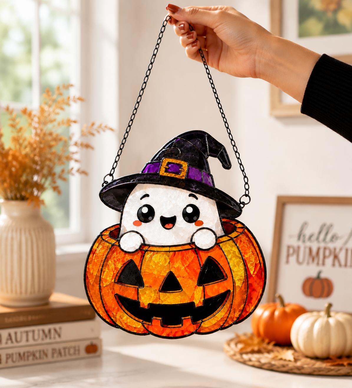 Ghost Pumpkin Suncatcher - Halloween Acrylic Window Hanging - image 5