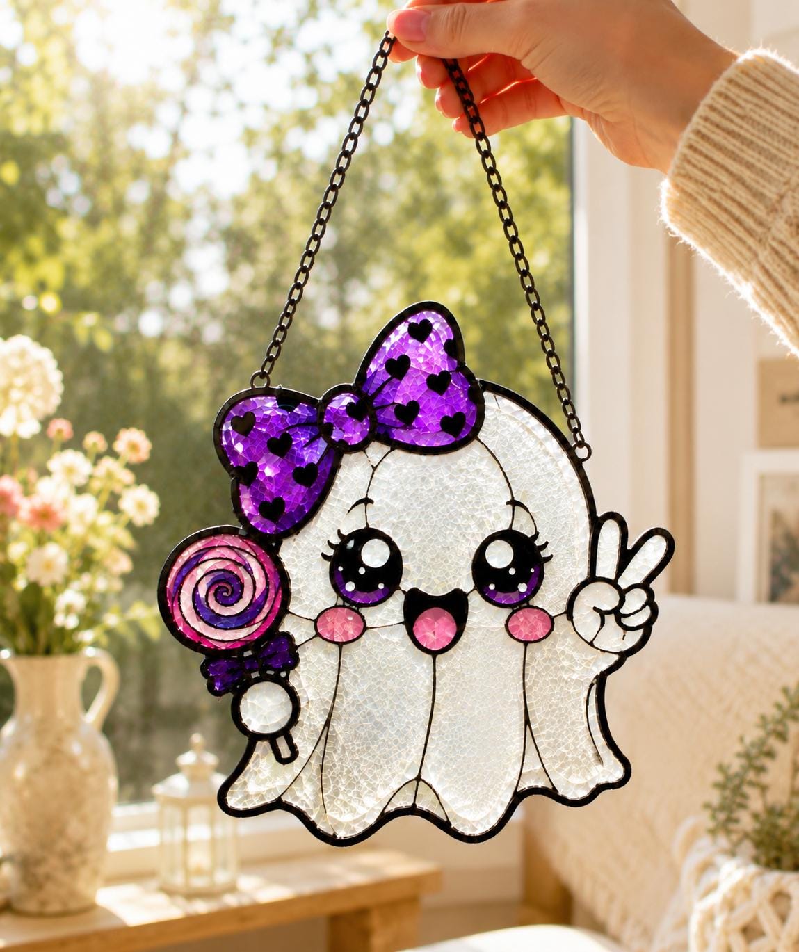 Kawaii Ghost Suncatcher - Cute Halloween Acrylic Window Hanging - image 5