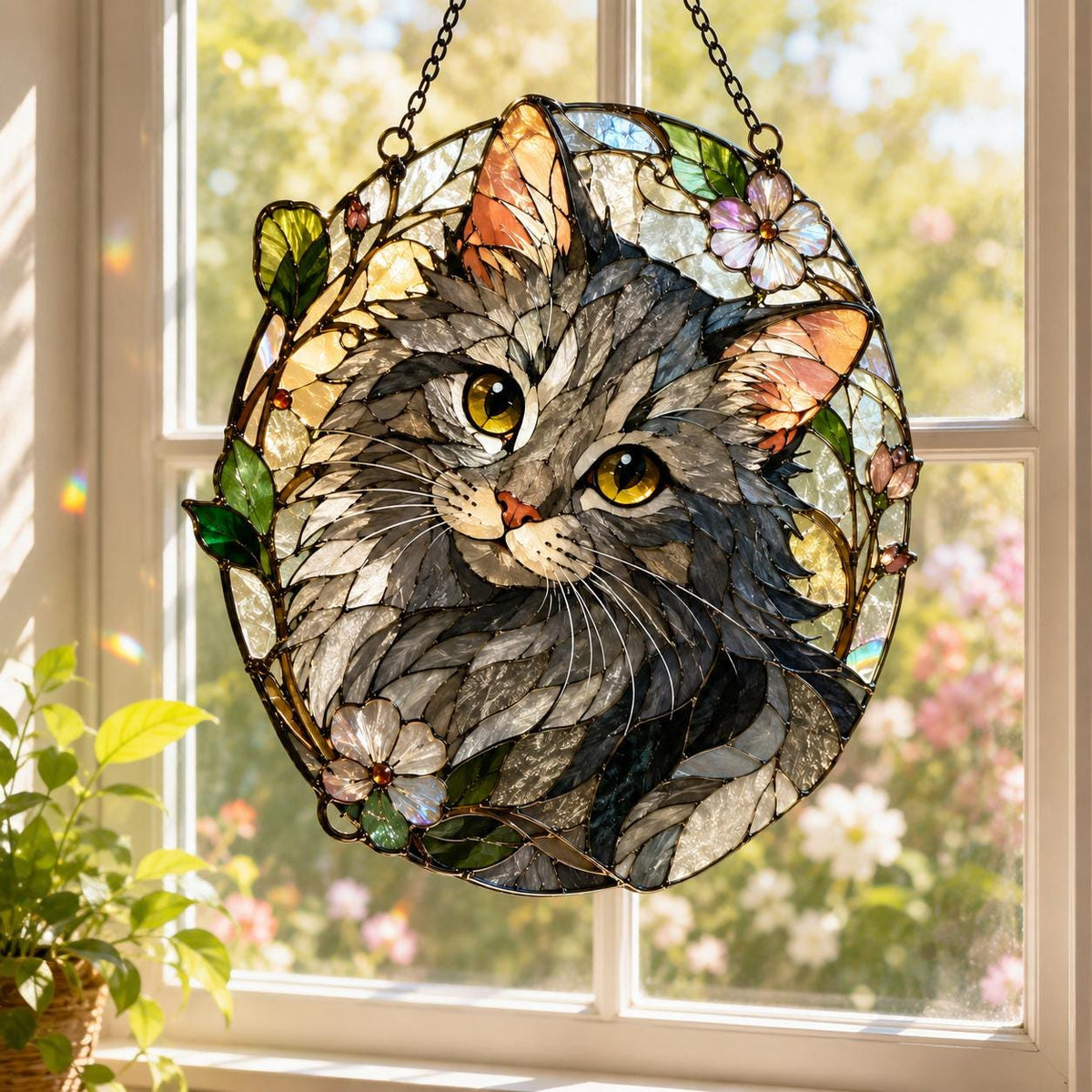 Cat Suncatcher Stained Glass - Gray Cat Window Hanging - image 3