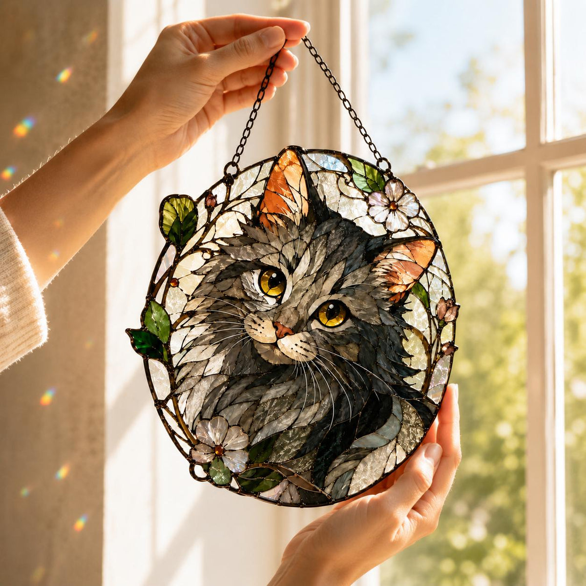 Cat Suncatcher Stained Glass - Gray Cat Window Hanging - image 2