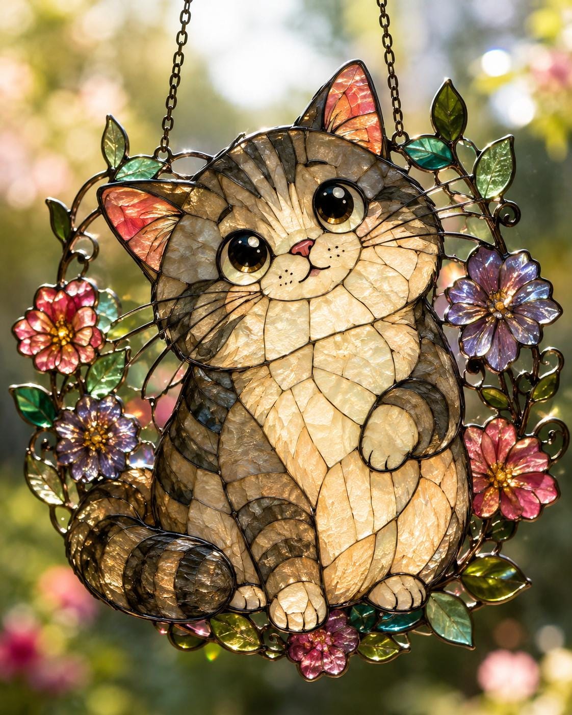 Floral Cat Suncatcher - Cute Kitten Acrylic Window Hanging