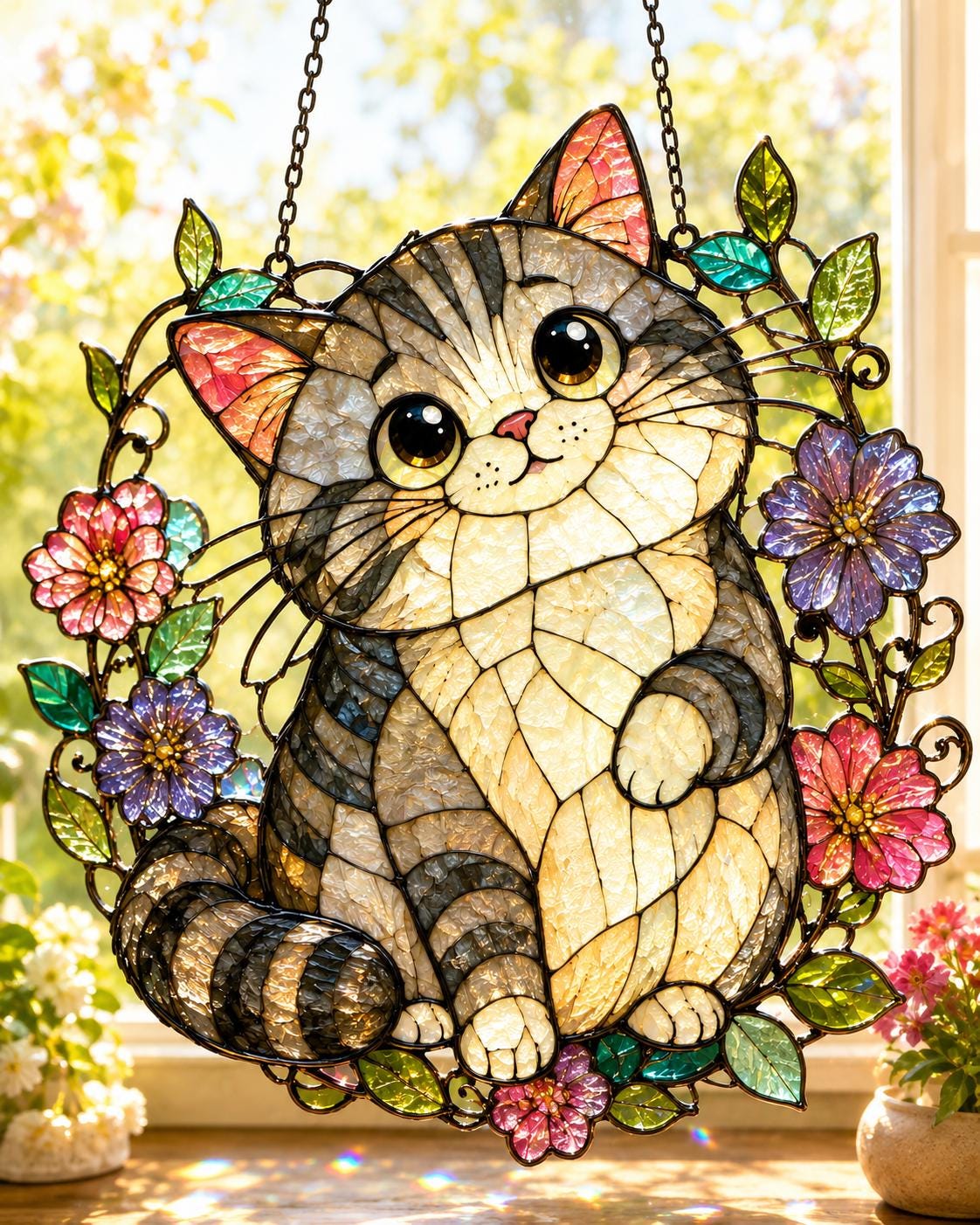 Floral Cat Suncatcher - Cute Kitten Acrylic Window Hanging - image 2