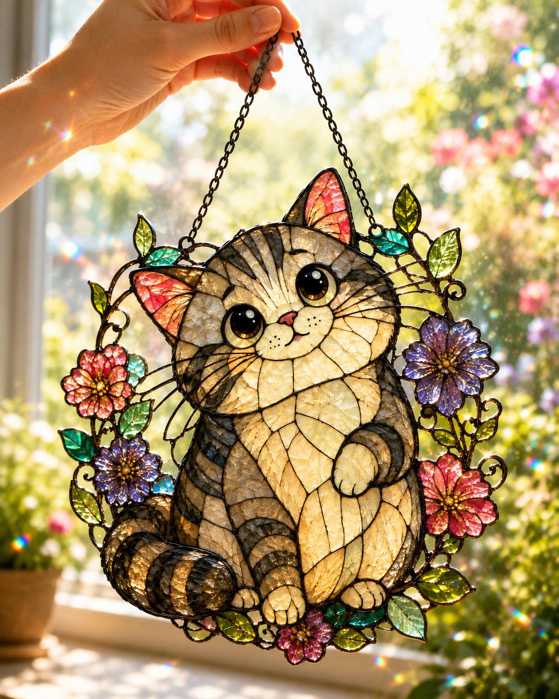Floral Cat Suncatcher - Cute Kitten Acrylic Window Hanging - image 3