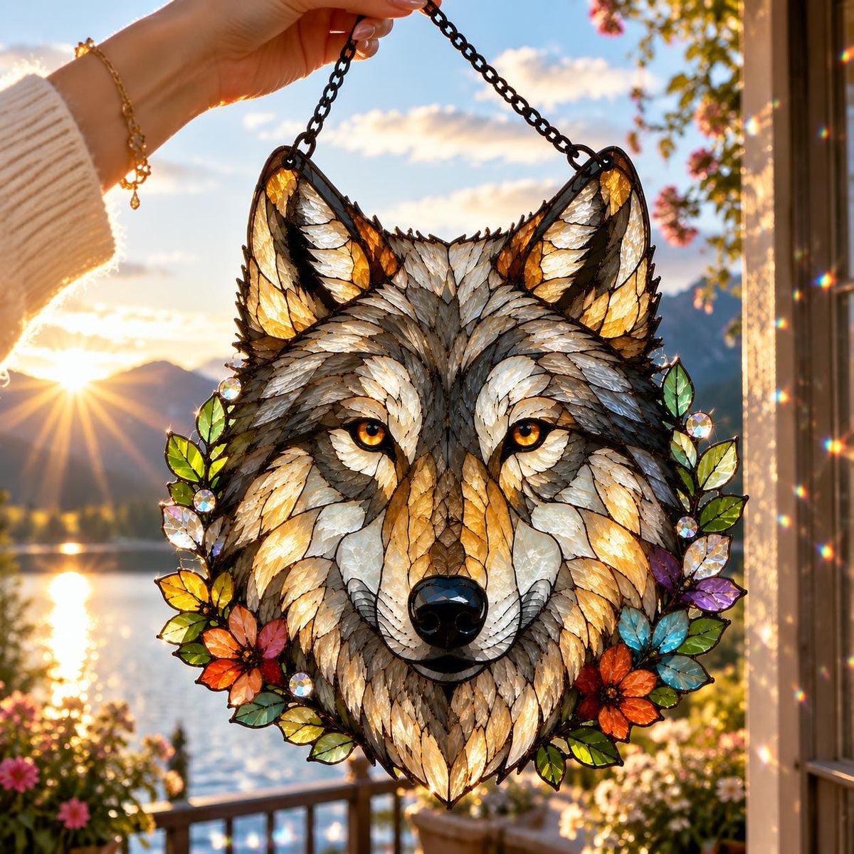 Floral Wolf Suncatcher - Acrylic Wolf Window Hanging - image 4