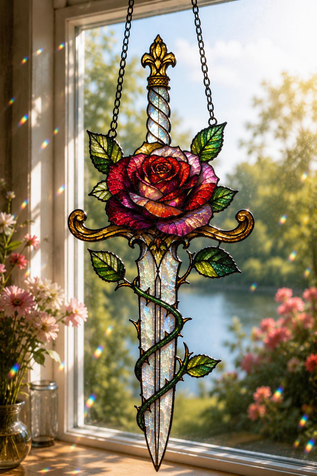 Rose Sword Suncatcher - Gothic Floral Acrylic Window Hanging - image 6