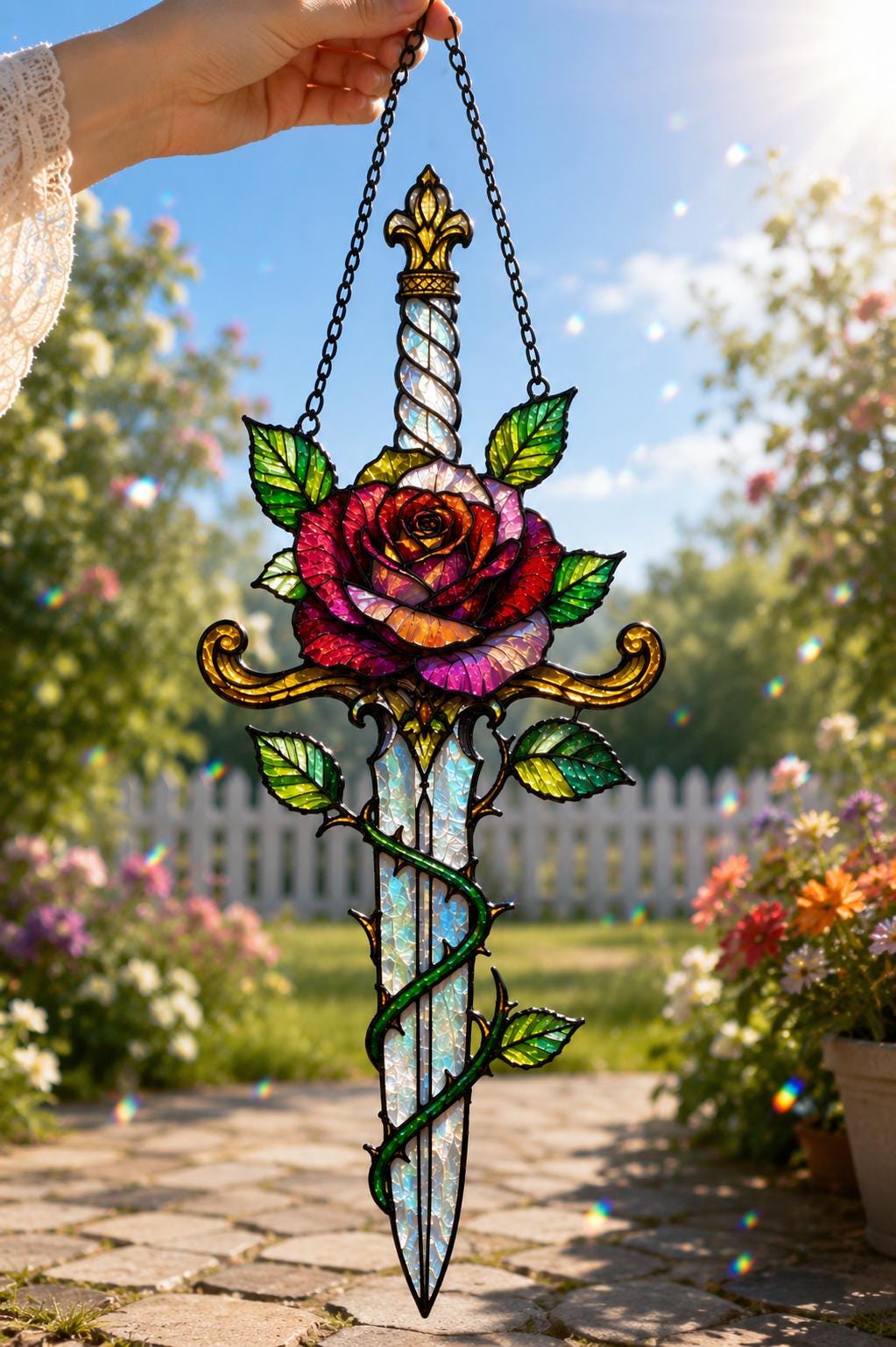Rose Sword Suncatcher - Gothic Floral Acrylic Window Hanging - image 3