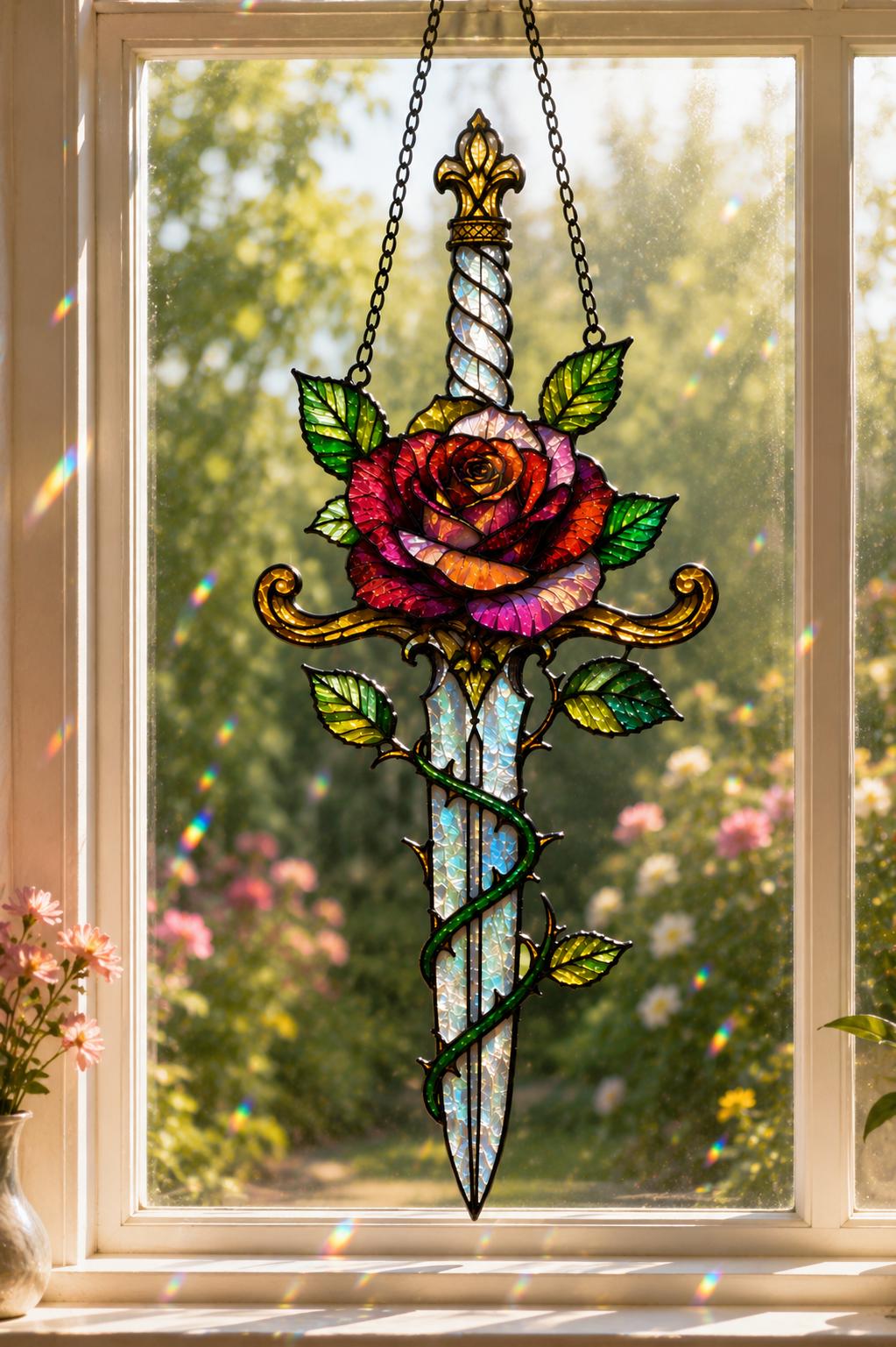 Rose Sword Suncatcher - Gothic Floral Acrylic Window Hanging - image 2