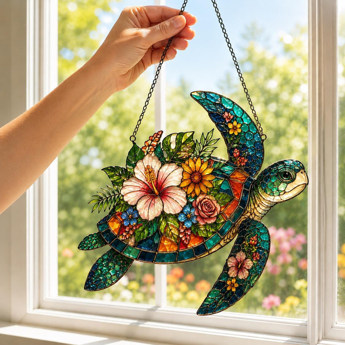 Sea Turtle Acrylic Suncatcher - Floral Turtle Window Hanging - image 4