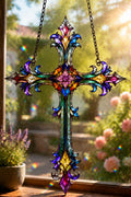 Floral Cross Suncatcher - Acrylic Stained Glass Window Hanging
