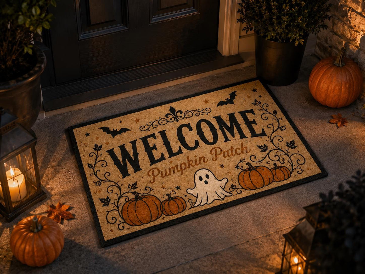 Pumpkin Patch Door Mat - Cute Ghost Halloween Entryway Rug