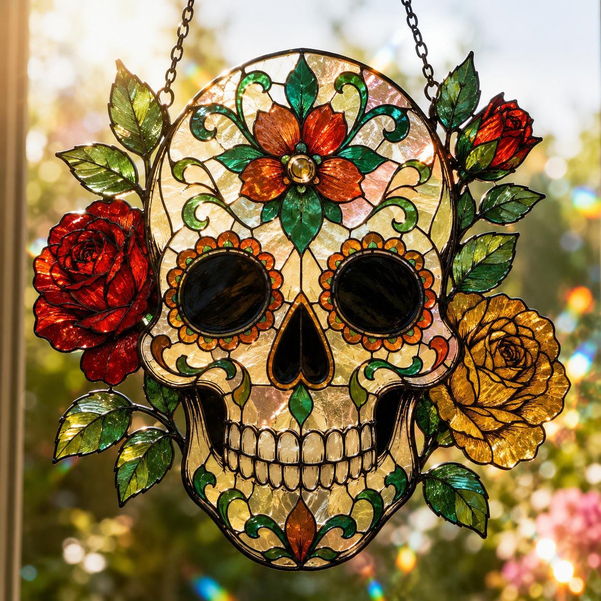 Sugar Skull Suncatcher - Floral Skull Acrylic Window Hanging