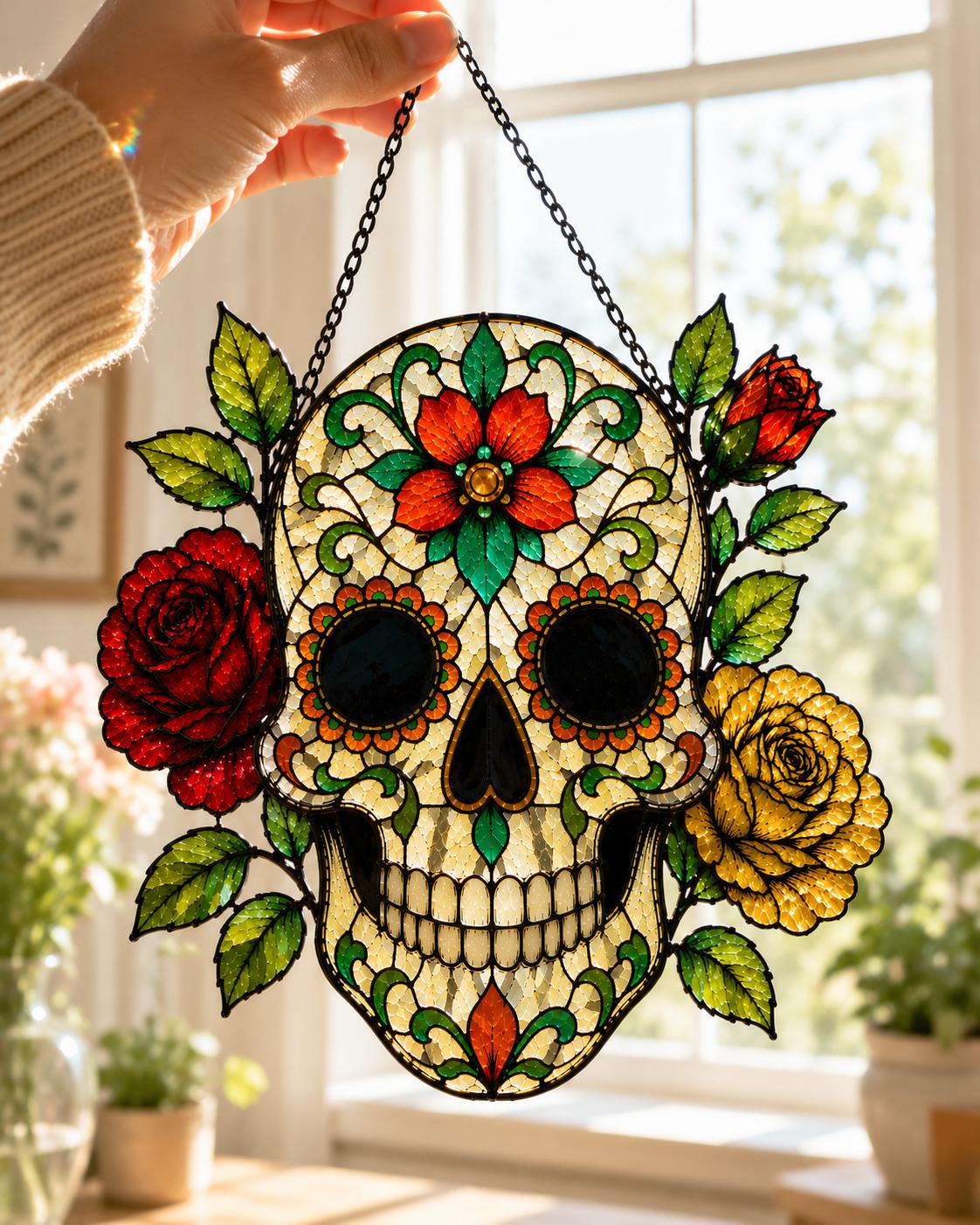 Sugar Skull Suncatcher - Floral Skull Acrylic Window Hanging - image 5