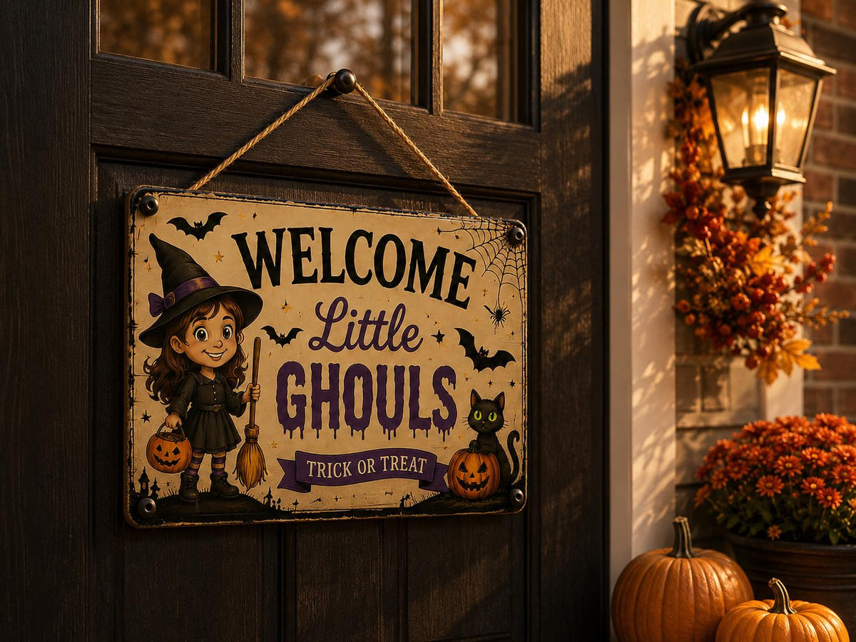 Halloween Porch Sign - Welcome Little Ghouls Metal Wall Decor - image 3