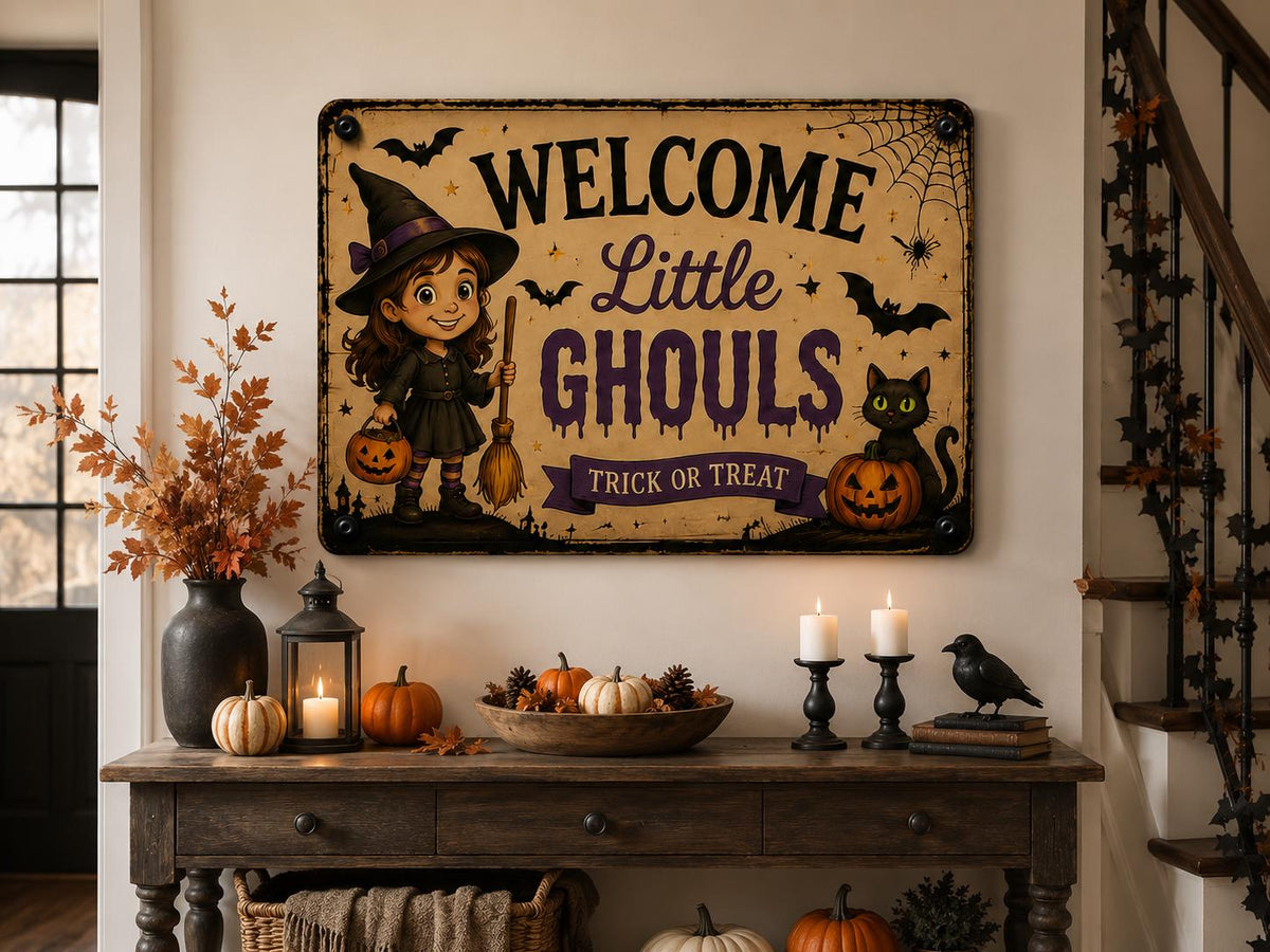 Halloween Porch Sign - Welcome Little Ghouls Metal Wall Decor - image 4