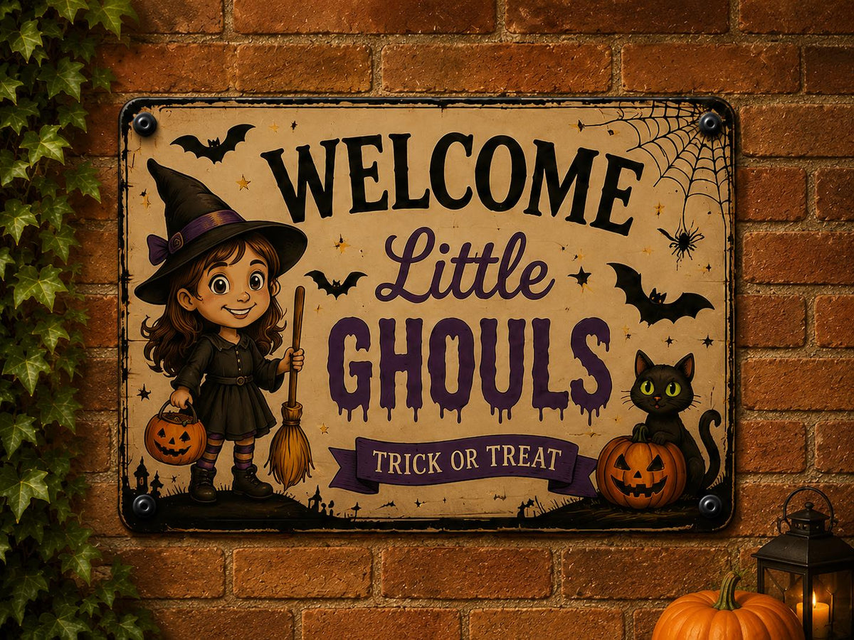 Halloween Porch Sign - Welcome Little Ghouls Metal Wall Decor