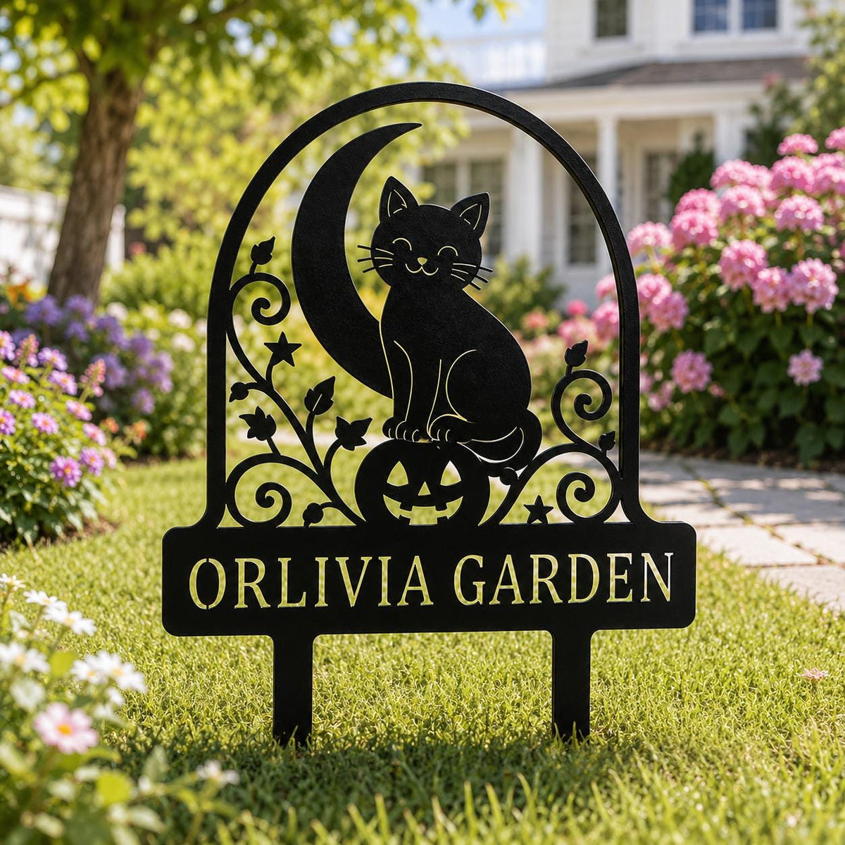 Personalized Halloween Garden Sign - Black Cat Pumpkin Yard Stake