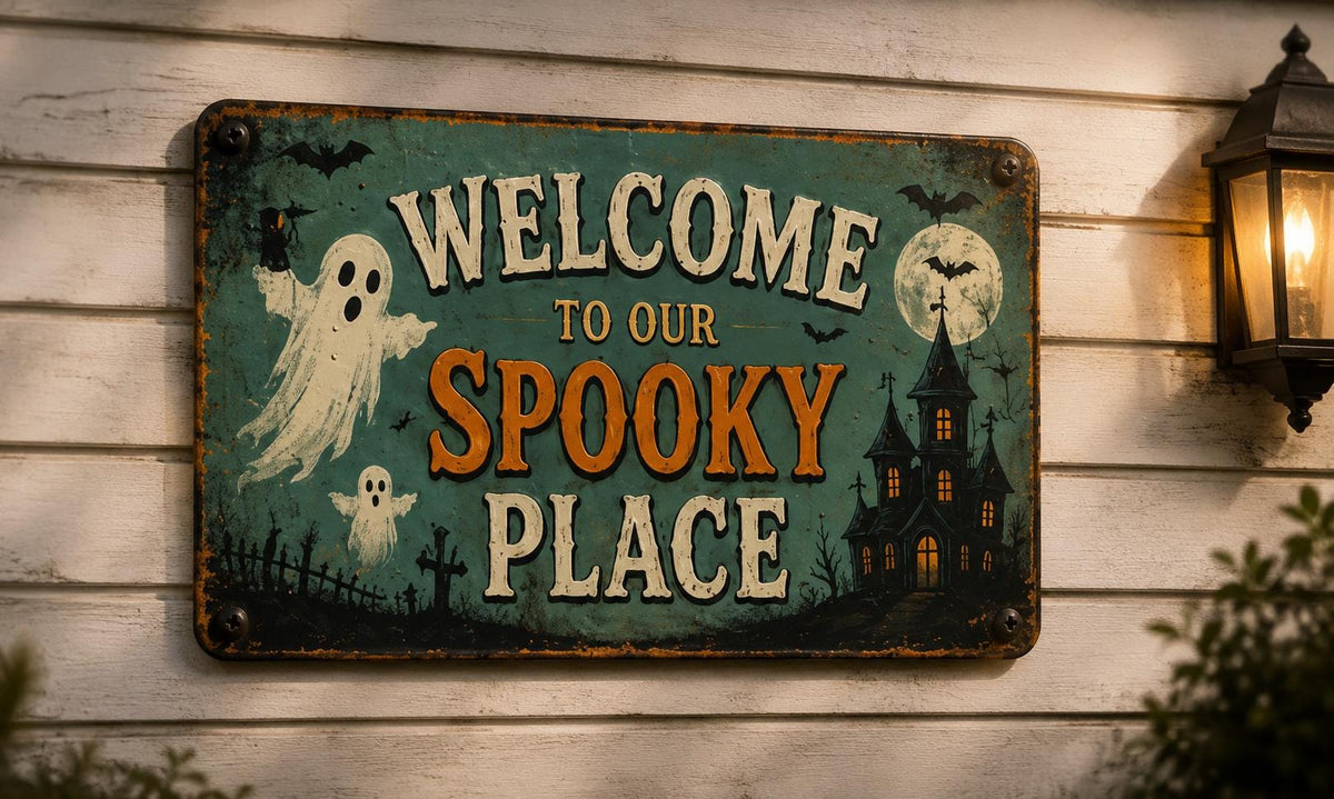 Welcome to Our Spooky Place Sign - Vintage Ghost Porch Decor