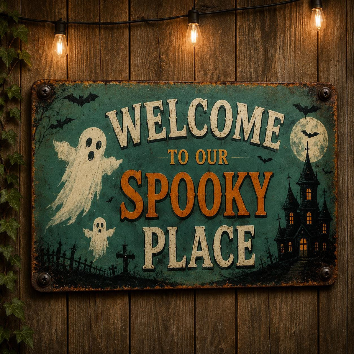 Welcome to Our Spooky Place Sign - Vintage Ghost Porch Decor - image 4