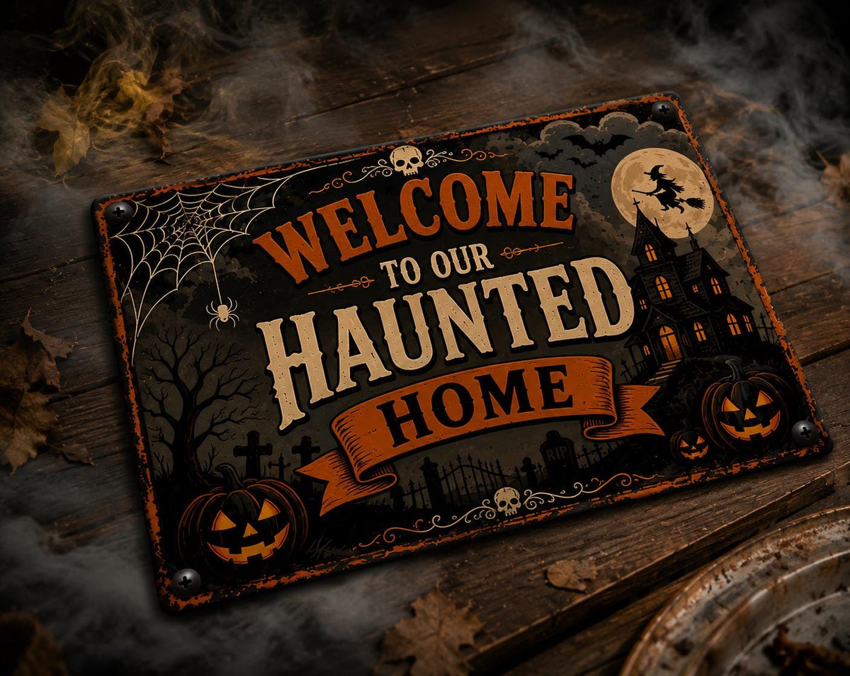 Welcome to Our Haunted Home Sign - Vintage Halloween Porch Decor