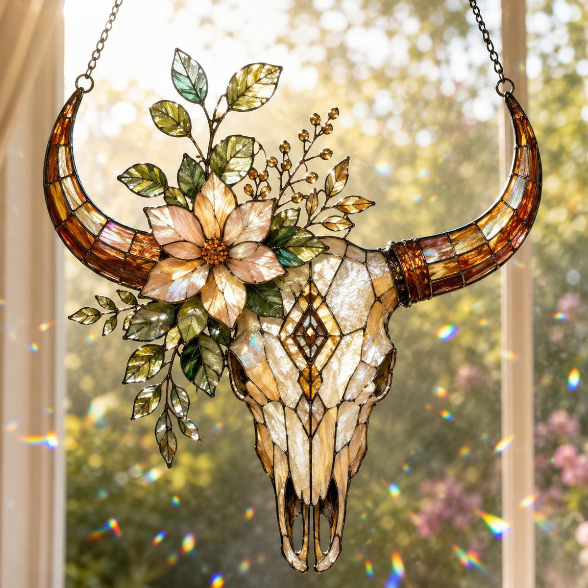 Longhorn Skull Suncatcher - Floral Acrylic Window Hanging