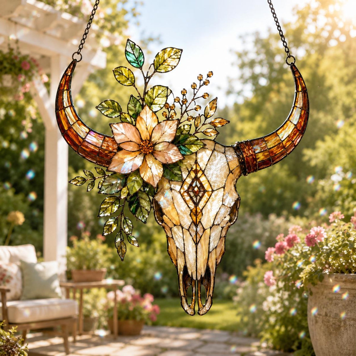 Longhorn Skull Suncatcher - Floral Acrylic Window Hanging - image 4