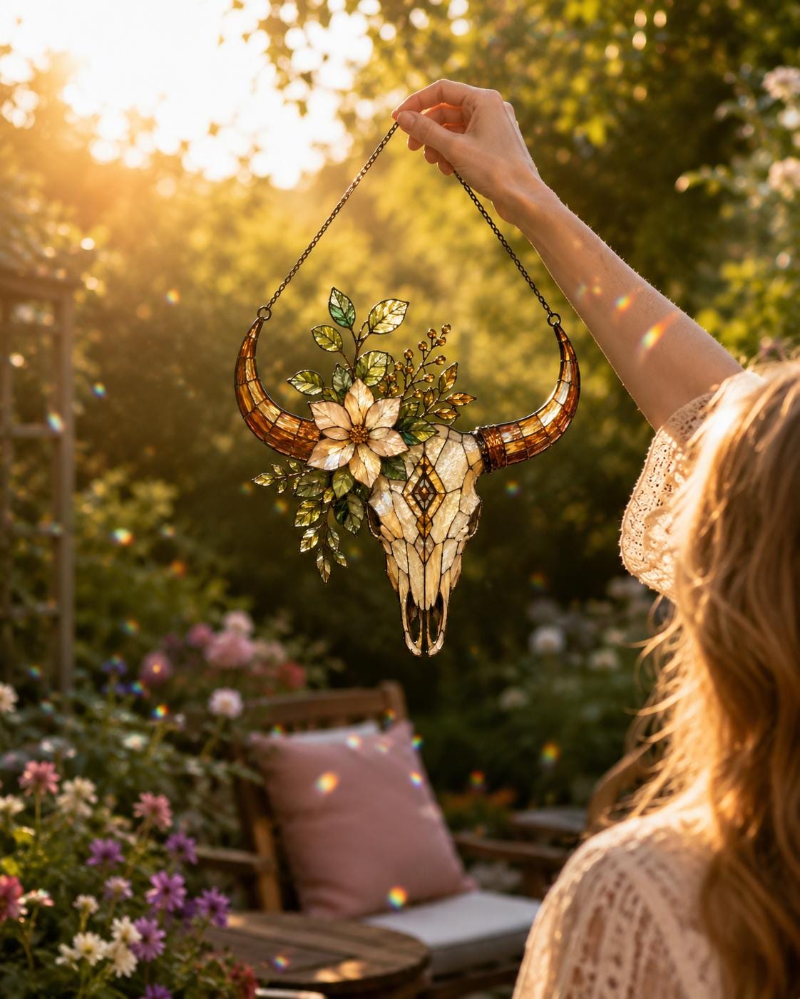Longhorn Skull Suncatcher - Floral Acrylic Window Hanging - image 3