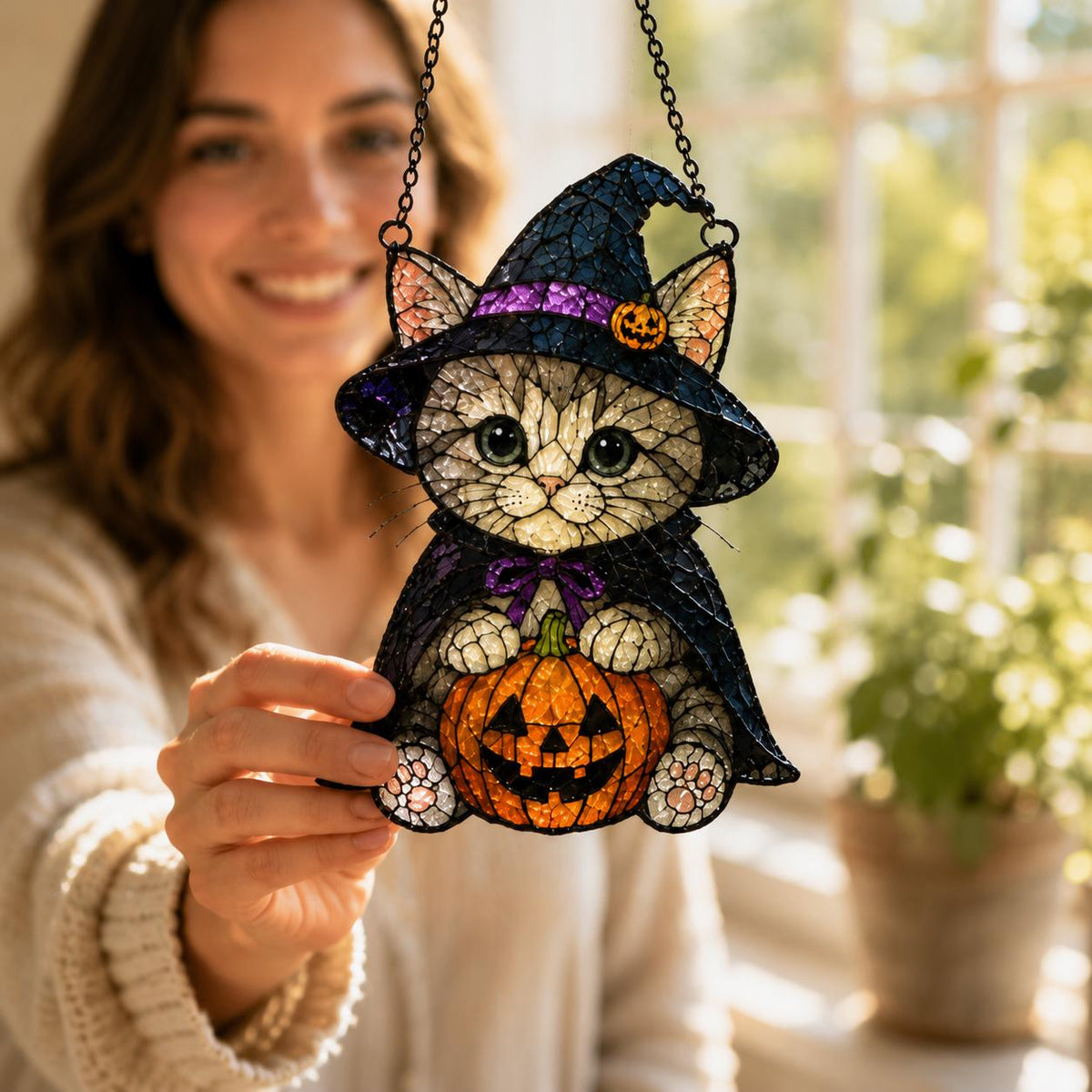 Witch Cat Suncatcher - Halloween Acrylic Window Hanging - image 3