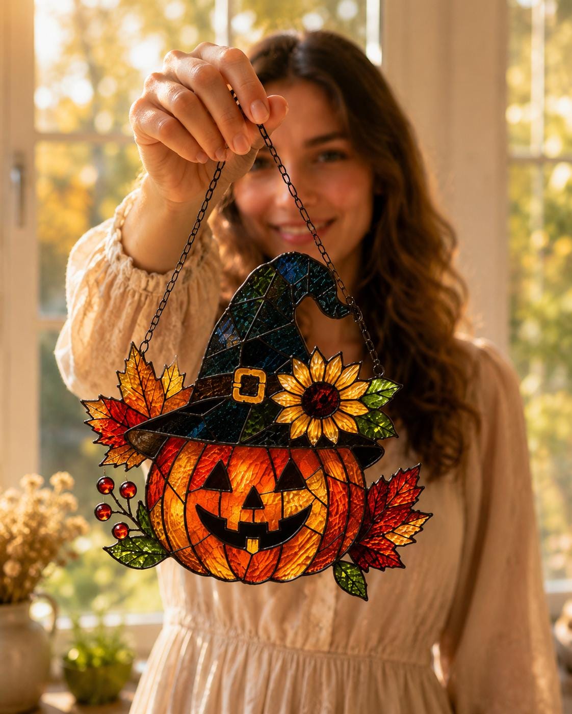 Pumpkin Witch Suncatcher - Halloween Acrylic Window Hanging - image 5