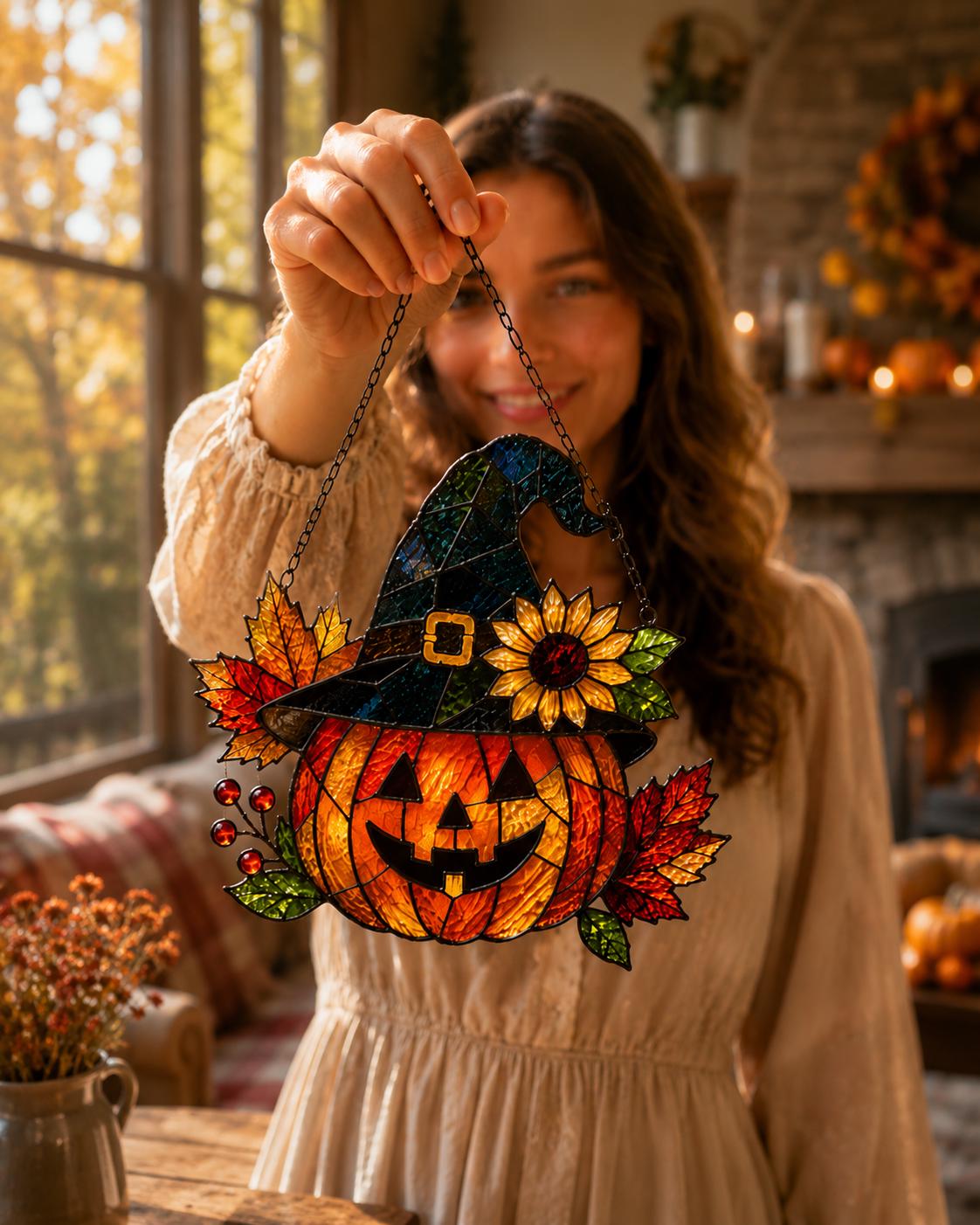 Pumpkin Witch Suncatcher - Halloween Acrylic Window Hanging - image 2