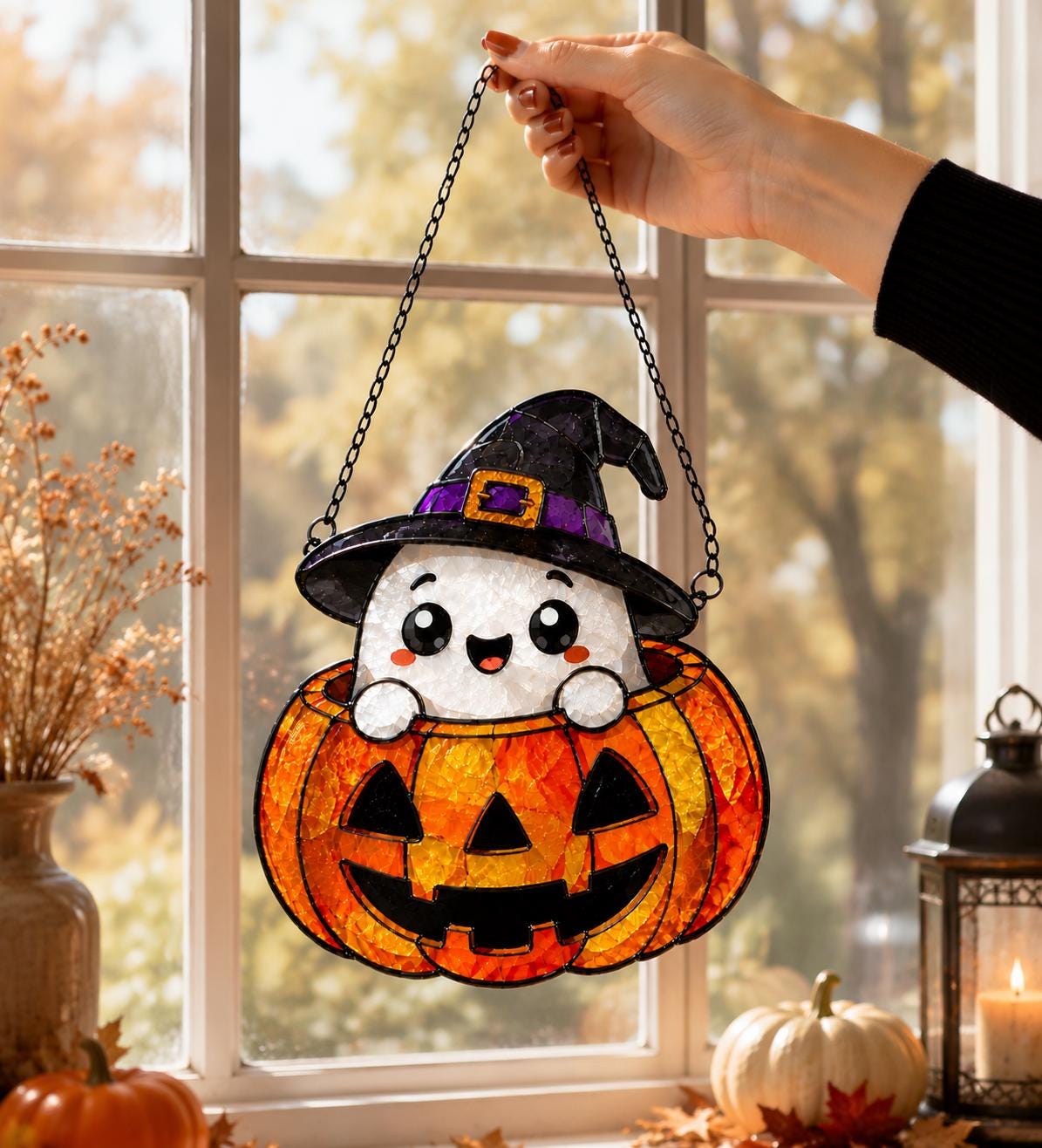 Ghost Pumpkin Suncatcher - Halloween Acrylic Window Hanging - image 2