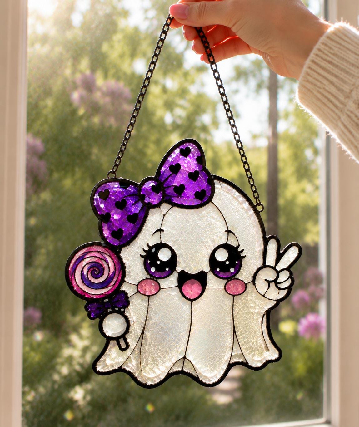 Kawaii Ghost Suncatcher - Cute Halloween Acrylic Window Hanging - image 2
