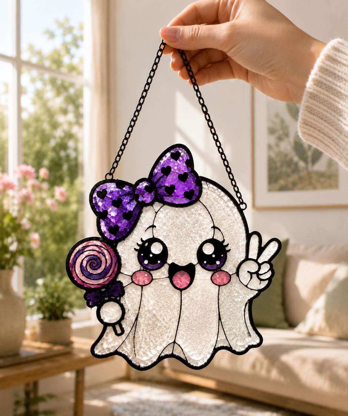 Kawaii Ghost Suncatcher - Cute Halloween Acrylic Window Hanging - image 4
