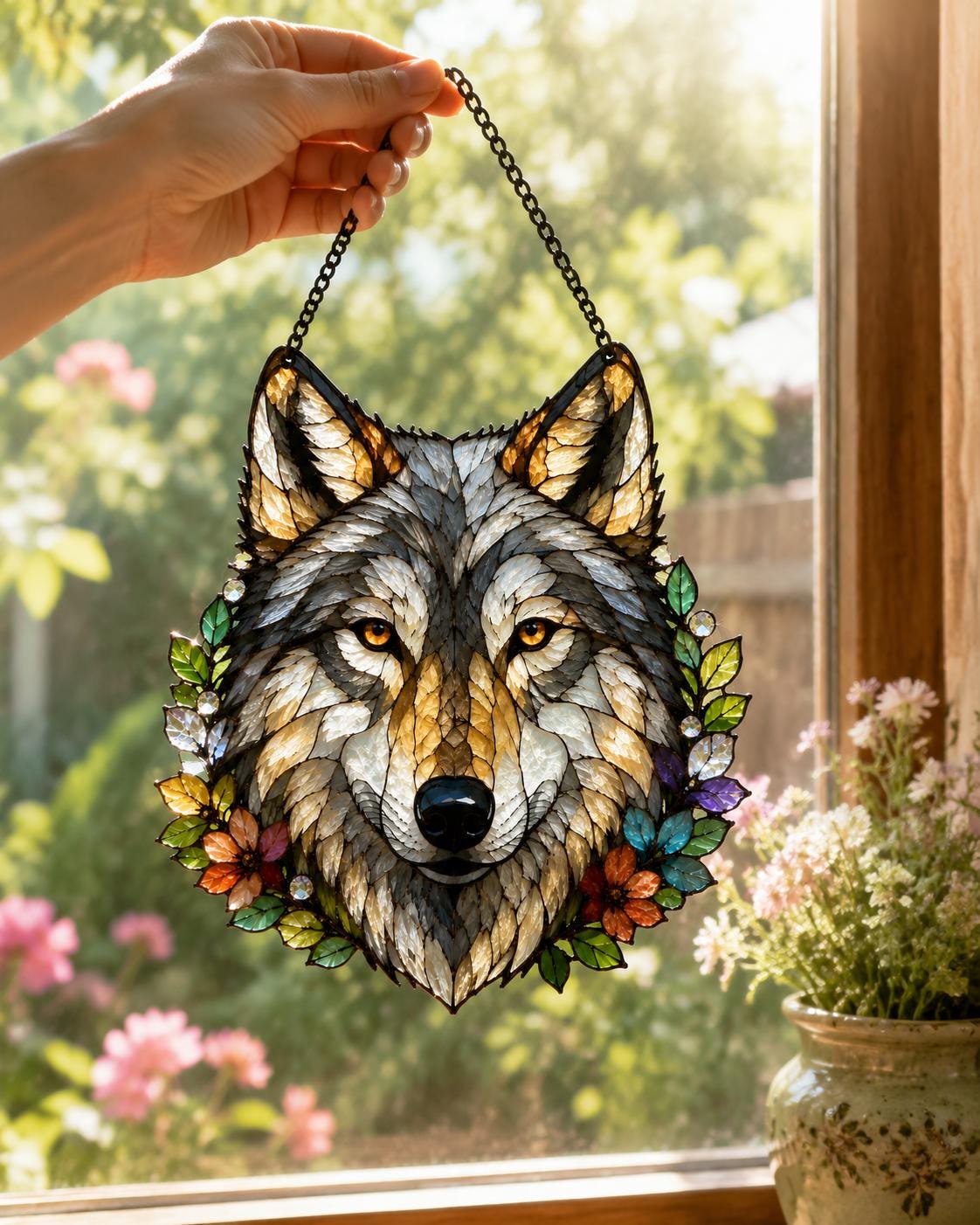 Floral Wolf Suncatcher - Acrylic Wolf Window Hanging - image 3