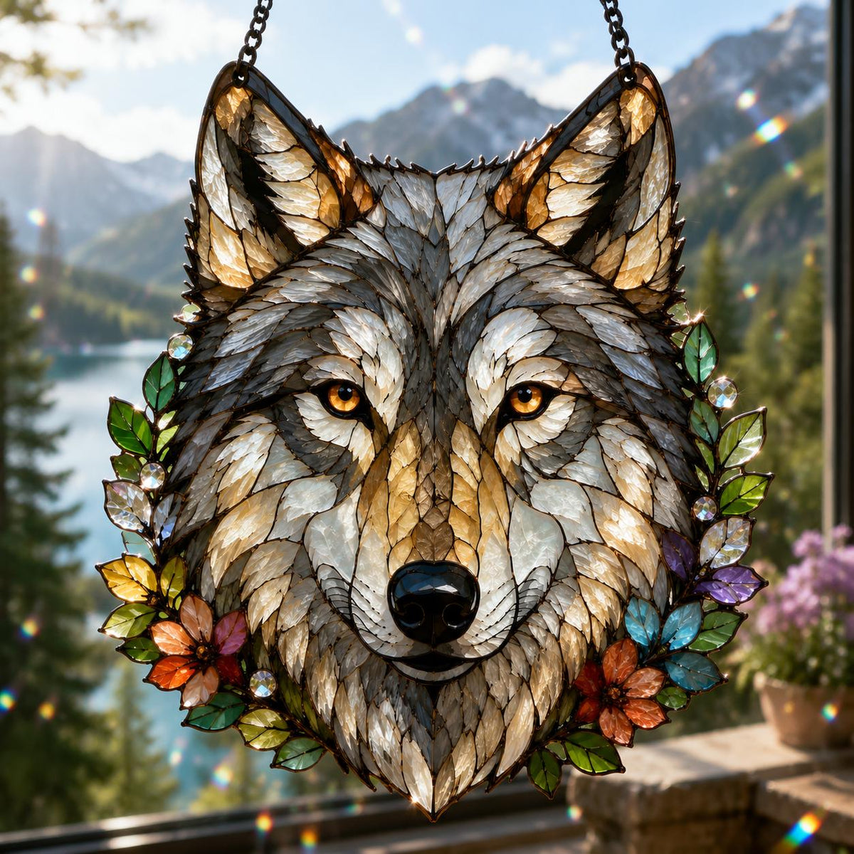 Floral Wolf Suncatcher - Acrylic Wolf Window Hanging - image 2