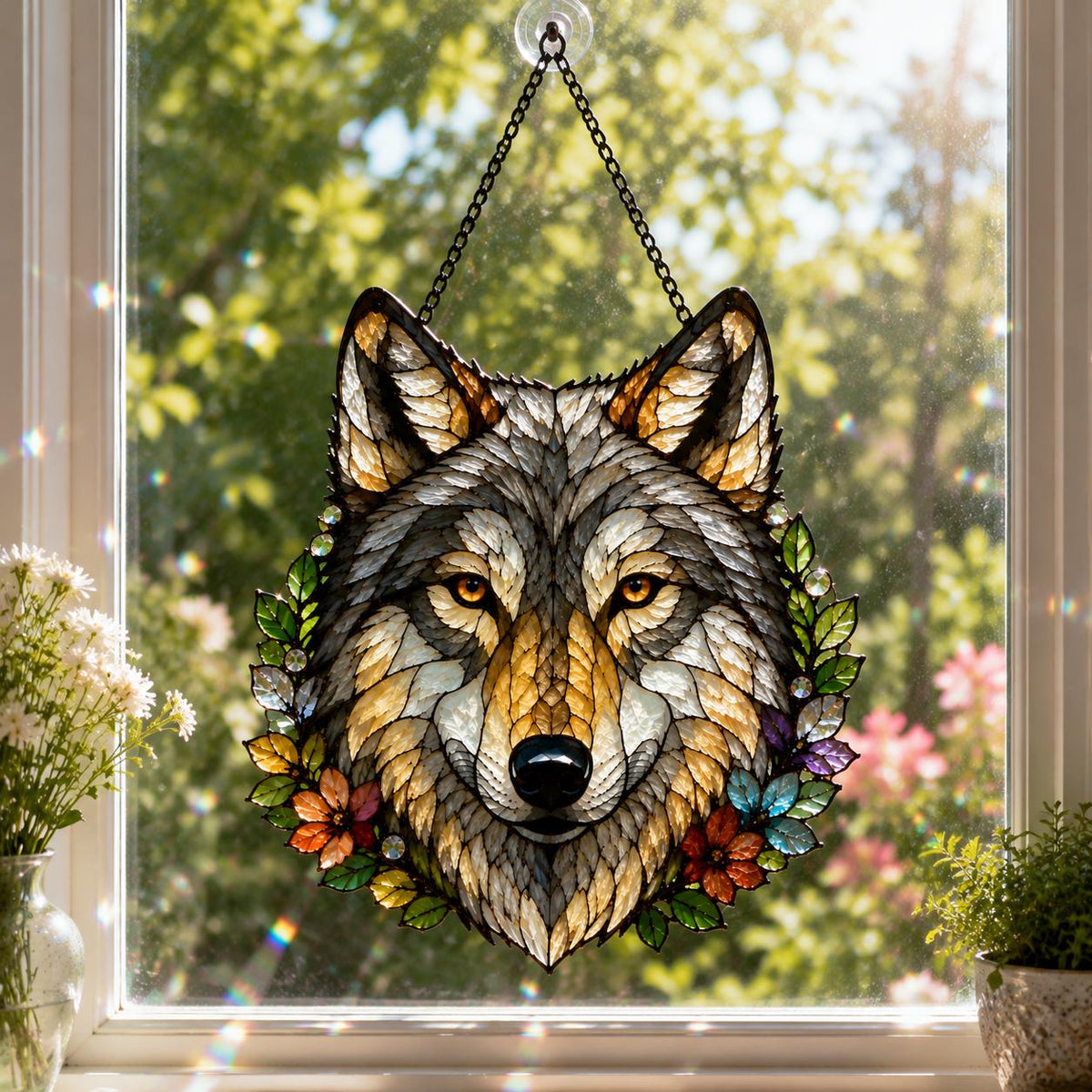 Floral Wolf Suncatcher - Acrylic Wolf Window Hanging - image 5