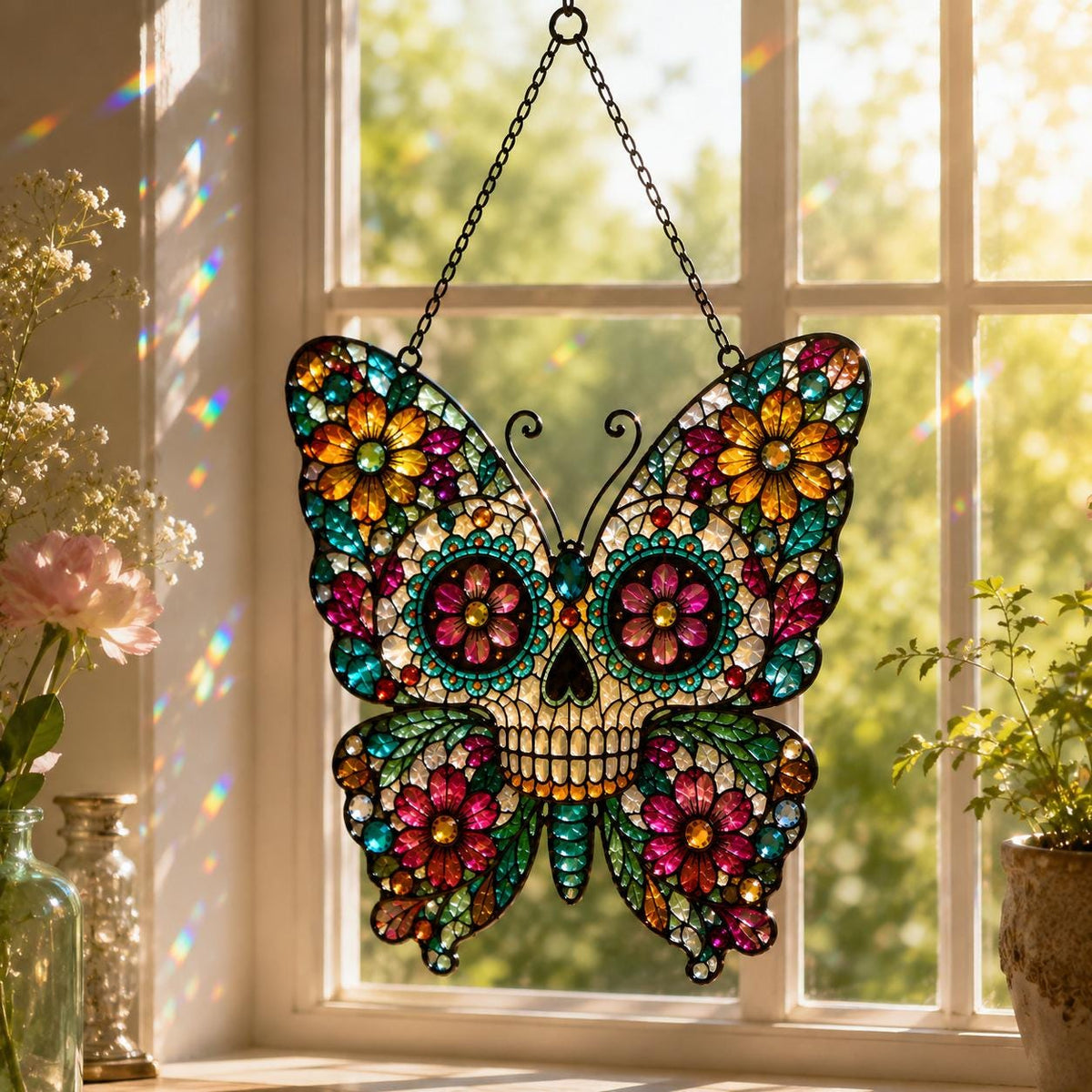 Sugar Skull Butterfly Suncatcher - Floral Acrylic Window Hanging - image 3