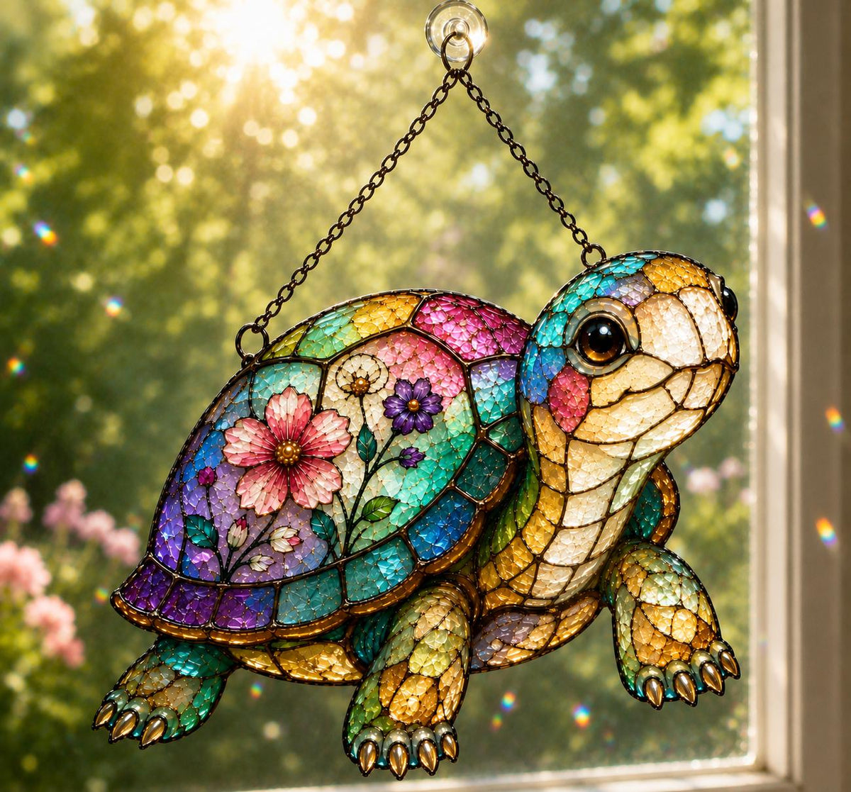 Garden Turtle Window Hanging - Floral Acrylic Suncatcher - image 4