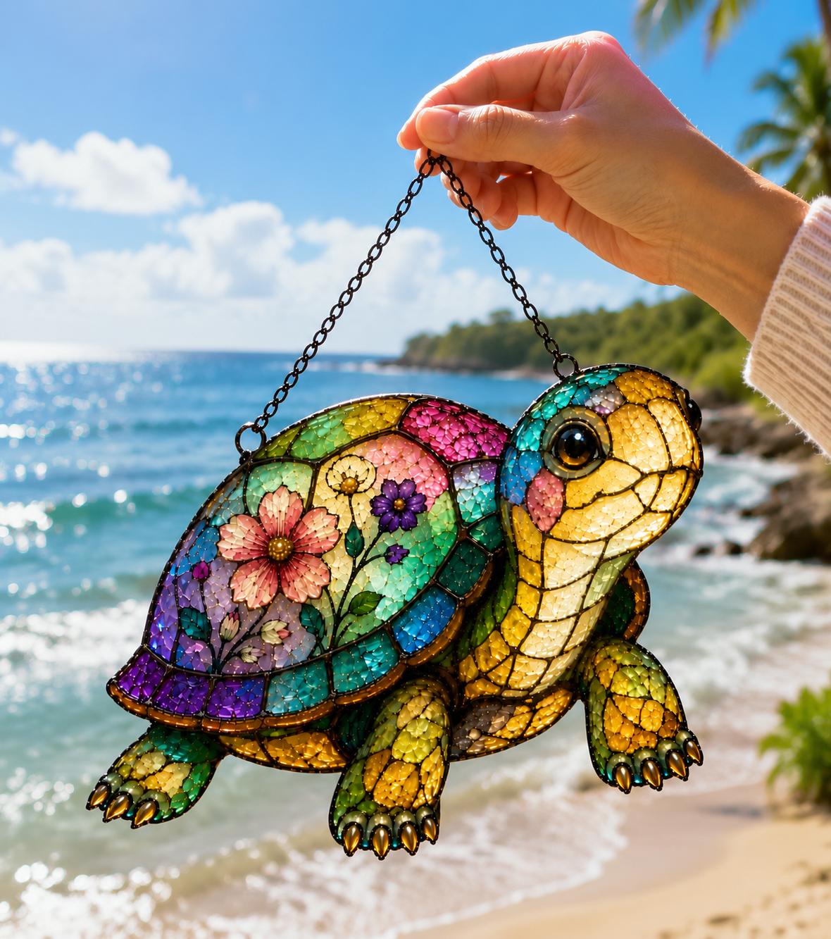 Garden Turtle Window Hanging - Floral Acrylic Suncatcher - image 5