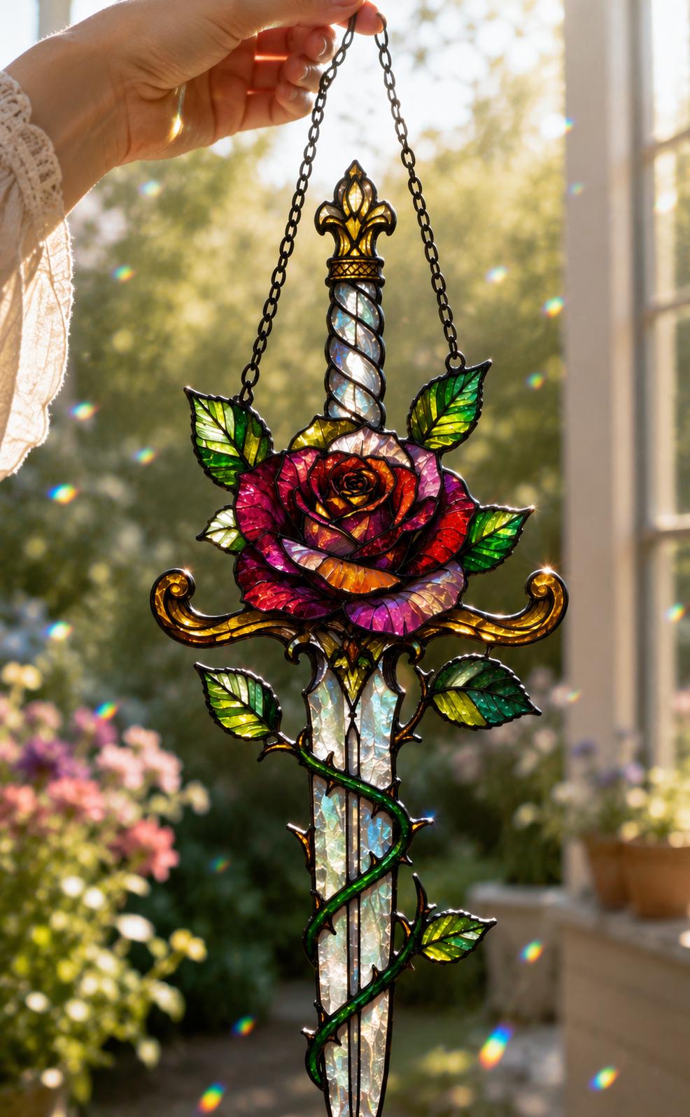Rose Sword Suncatcher - Gothic Floral Acrylic Window Hanging - image 5