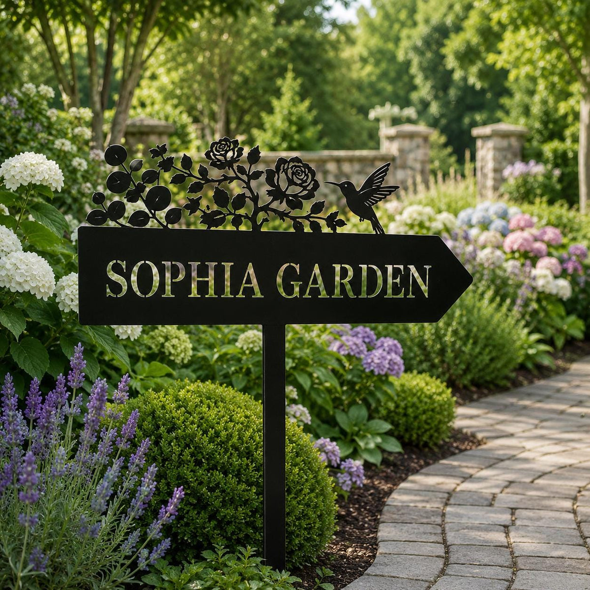 Hummingbird Rose Garden Sign - Personalized Name Metal Arrow Stake