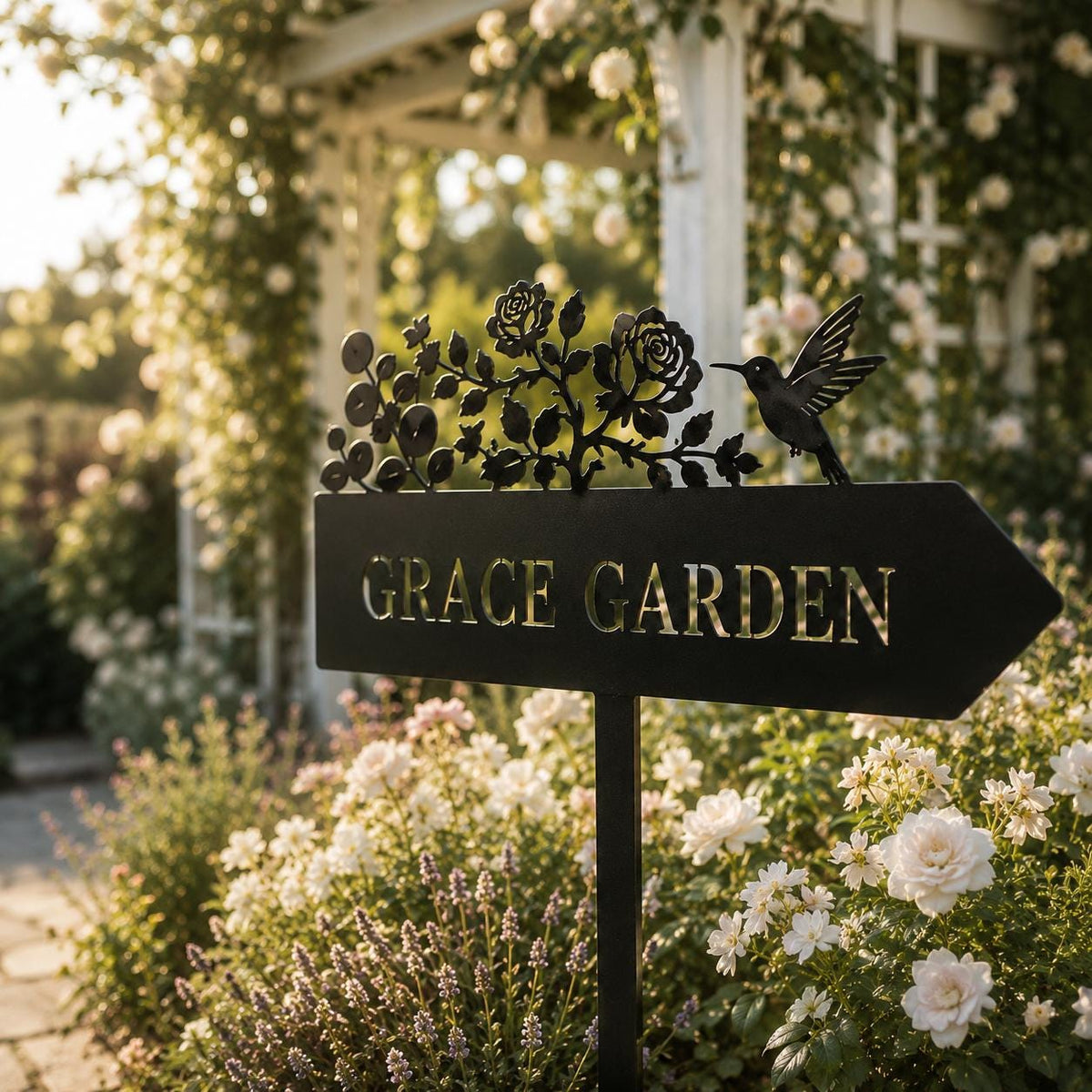 Hummingbird Rose Garden Sign - Personalized Name Metal Arrow Stake - image 2